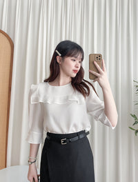 (不透肉雪紡) My ruffle Pearl, Blouse 不透肉雪紡立體荷葉珍珠手袖上衣/ BU9059
