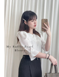(不透肉雪紡) My ruffle Pearl, Blouse 不透肉雪紡立體荷葉珍珠手袖上衣/ BU9059