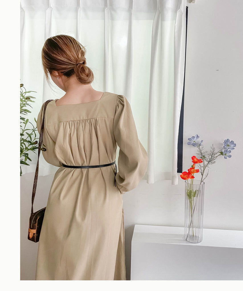 Square Pleated 杏色前後方領車褶裙身口袋連身裙, Dress/ DS9365