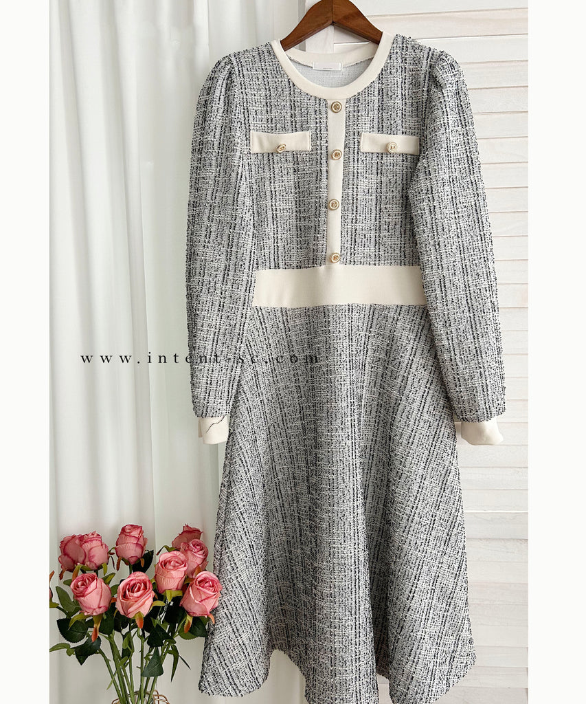 My Coco 十字線混灰細緻金鈕全彈性氣質連身裙, Dress/ DS9327