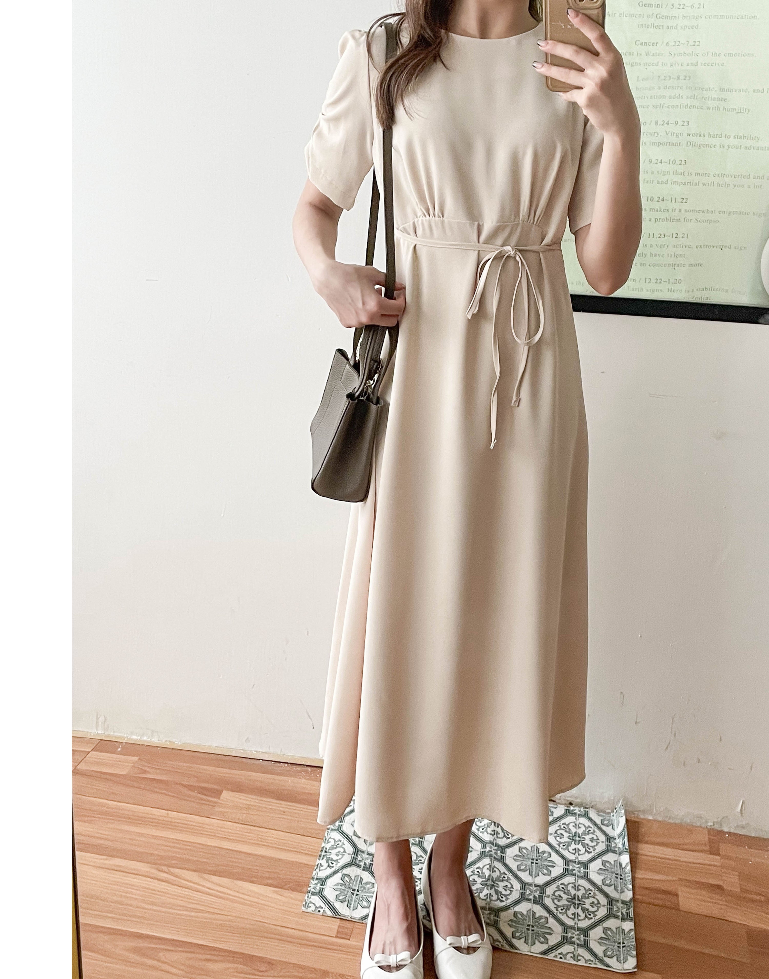 (高腰線修肚肚) 車習手袖簡約高腰線連身裙, Dress/ DS9476