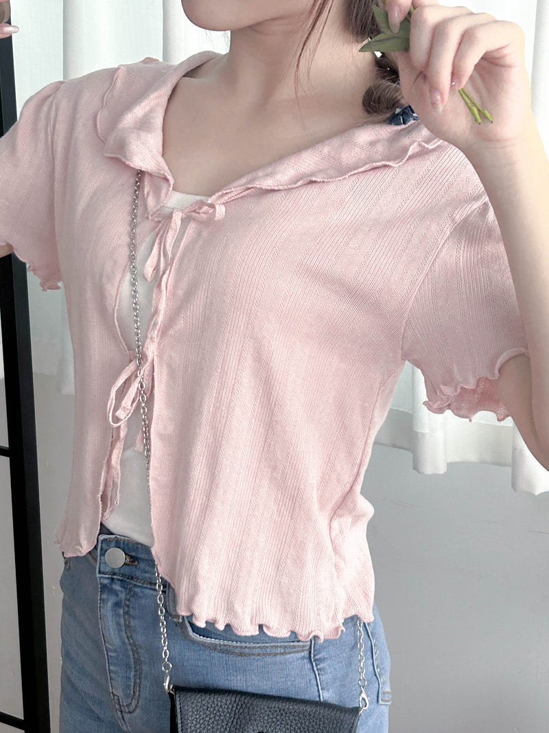 Onni, Blouse 韓系設計感翻領荷葉邊上衣/ BU9054 （cream soldout)
