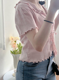 Onni, Blouse 韓系設計感翻領荷葉邊上衣/ BU9054 （cream soldout)