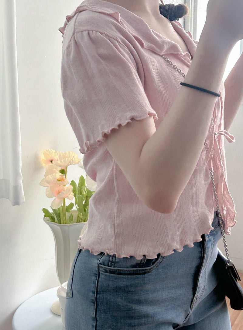 Onni, Blouse 韓系設計感翻領荷葉邊上衣/ BU9054 （cream soldout)