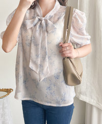 （浪漫氣質款) Blossom Blouse 淡粉色青瓷花線條上衣/ BU9061