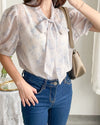 （浪漫氣質款) Blossom Blouse 淡粉色青瓷花線條上衣/ BU9061