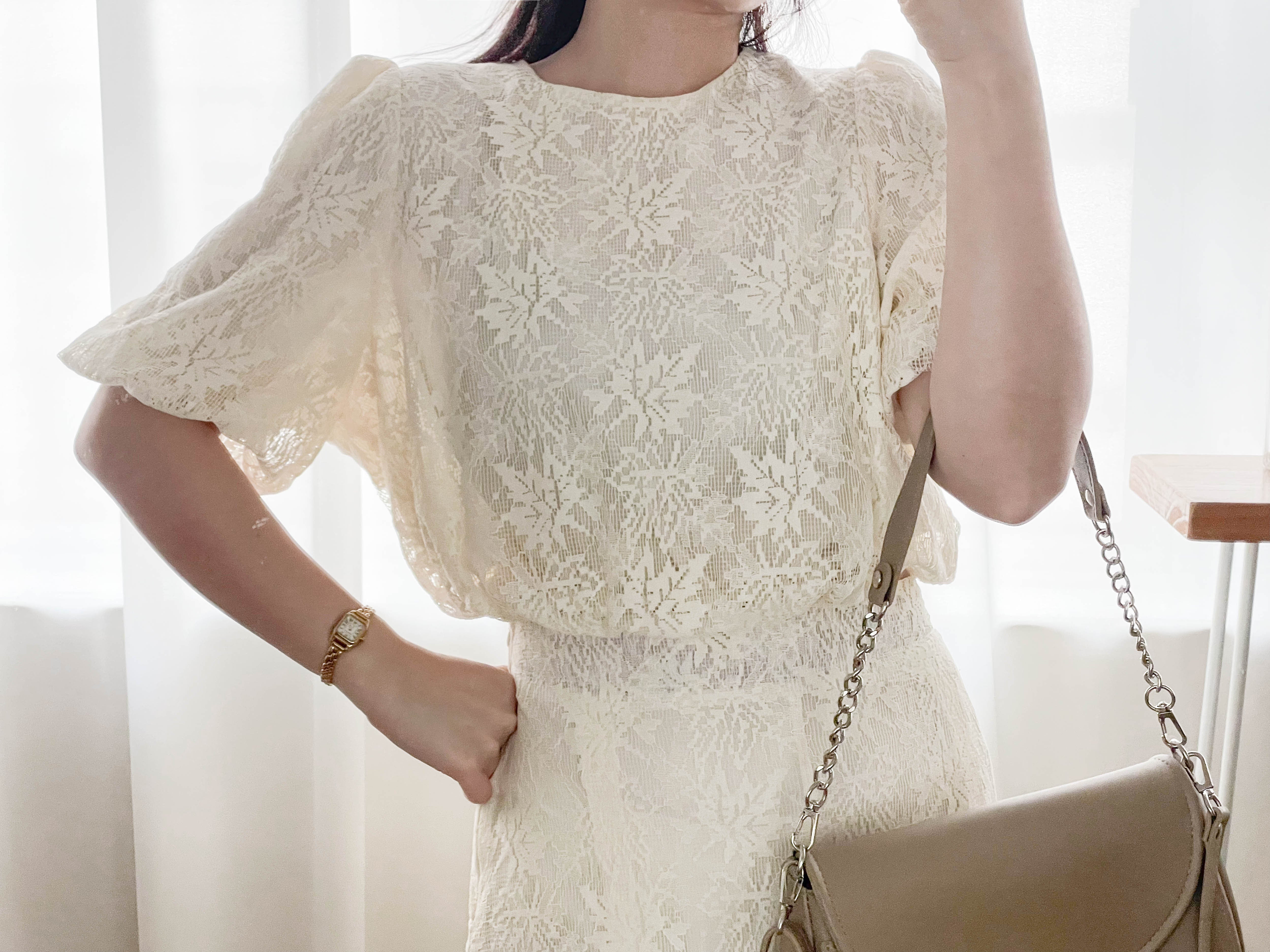 (Luxury Casual elegant白色SET )通花蕾絲精緻後鈕扣兩件套, SET/ DS9466
