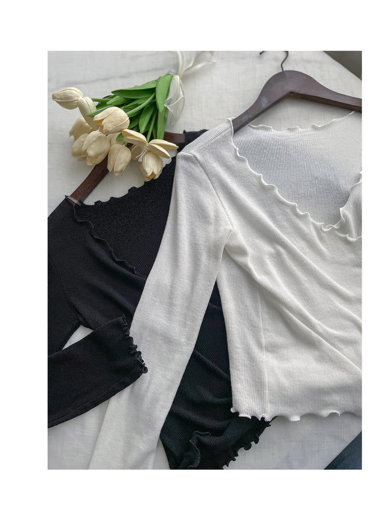 Wrap Neck Top 顯瘦疊領波浪衣邊彈性上衣/ TP9119