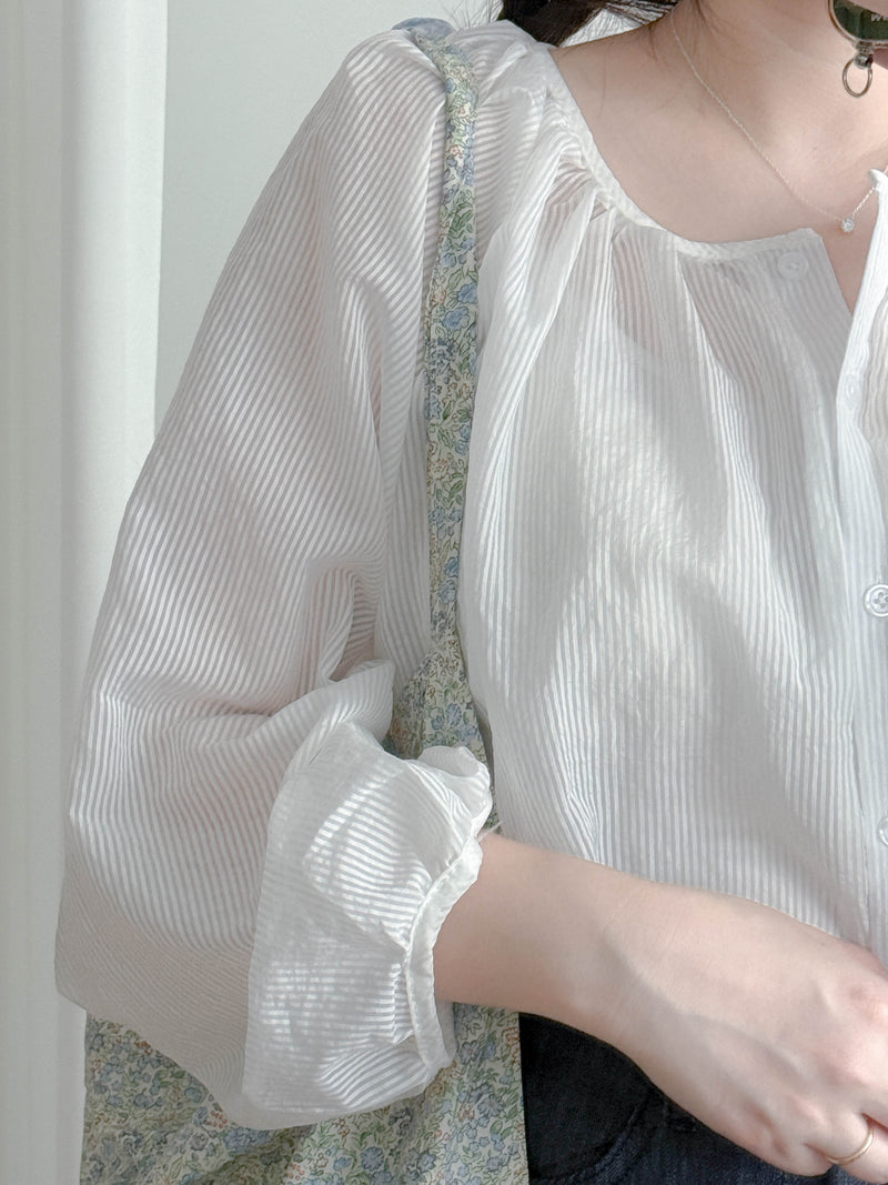 Bubble Sleeve Shirt 仿恤衫直條紋泡泡袖上衣/ BU9118