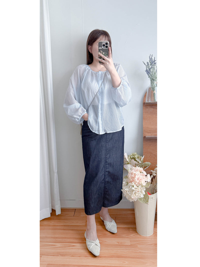 Bubble Sleeve Shirt 仿恤衫直條紋泡泡袖上衣/ BU9118