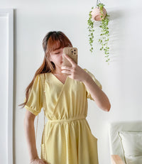（intent x Korea 獨家款) Square Dot 點點小方格修腰隨性口袋連身長裙, Dress/ DS9229 （yellow sold out)