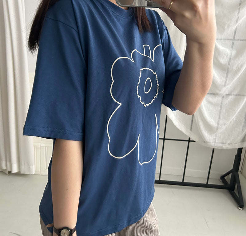 (質地超好) Floral Print 寬鬆oversize線條花花, Tee/ TP9008 （navy sold out)