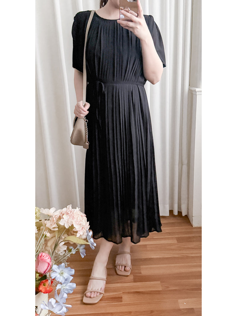 Pleated Dress 全裡布雪紡百褶修腰波浪裙擺連身裙/ DS9882