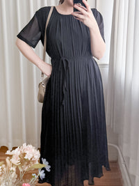 Pleated Dress 全裡布雪紡百褶修腰波浪裙擺連身裙/ DS9882