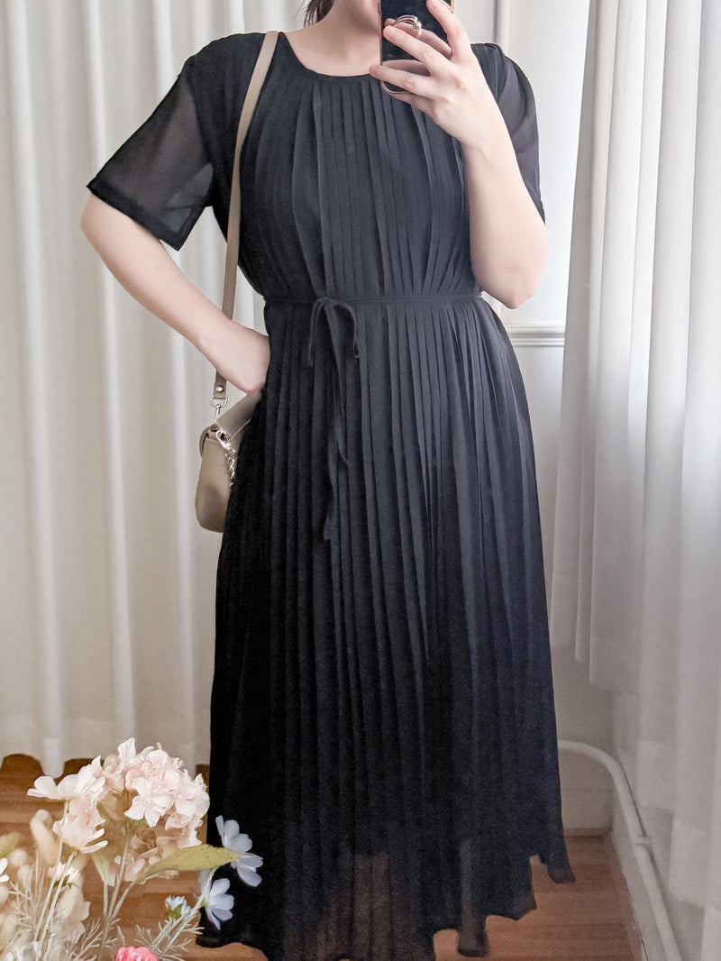 Pleated Dress 全裡布雪紡百褶修腰波浪裙擺連身裙/ DS9882