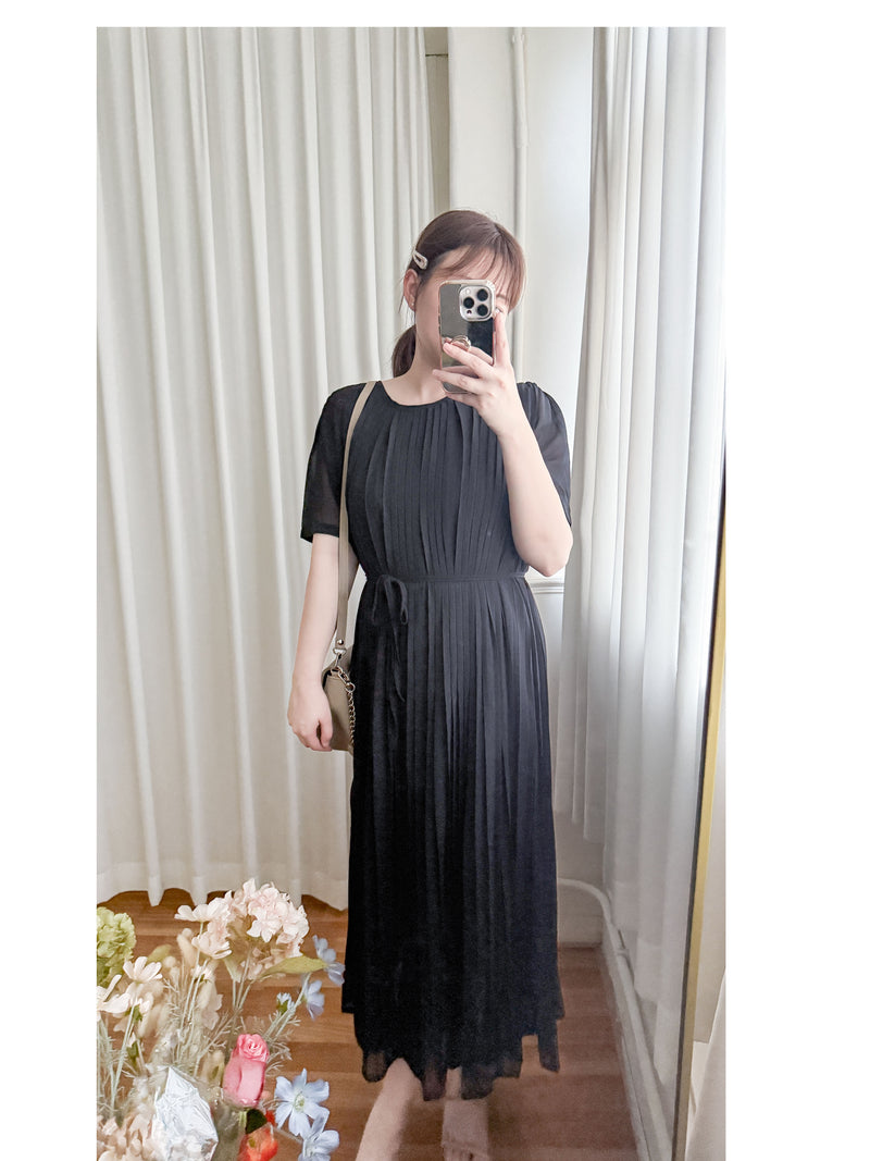 Pleated Dress 全裡布雪紡百褶修腰波浪裙擺連身裙/ DS9882