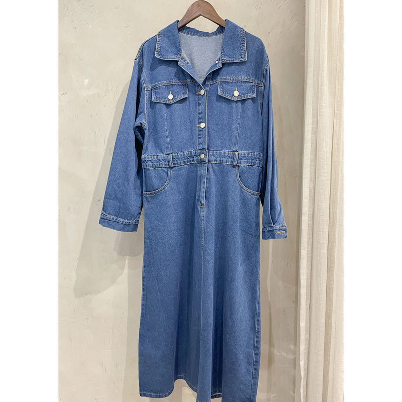 Denim OPS 隨性腰帶修腰連身牛仔裙/ DS9658