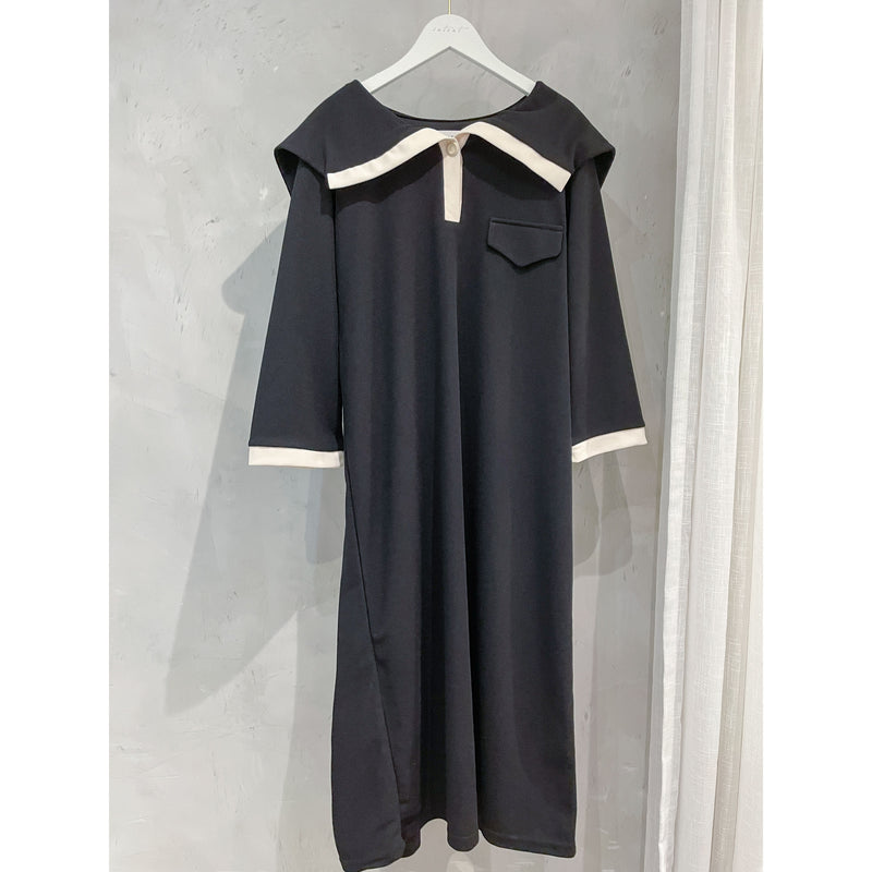 [限量現貨回歸]  French Collar Dress 黑白翻領設計中袖彈性連身裙/ DS9663