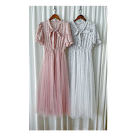 Veil Floral Dress 蝴蝶領口拼紗外層印花傘形連身裙/ DS9855