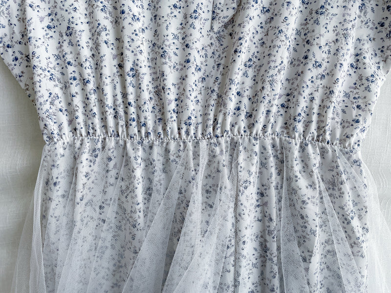 Veil Floral Dress 蝴蝶領口拼紗外層印花傘形連身裙/ DS9855