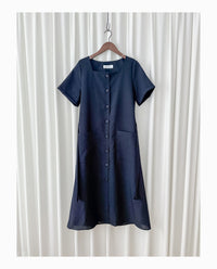 （BEST Intent made 獨家款）Navy Belt Dress 深藍方領口藍調雲石方釦腰帶連身裙/ DS3001