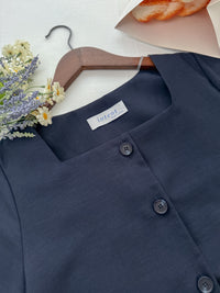 （BEST Intent made 獨家款）Navy Belt Dress 深藍方領口藍調雲石方釦腰帶連身裙/ DS3001