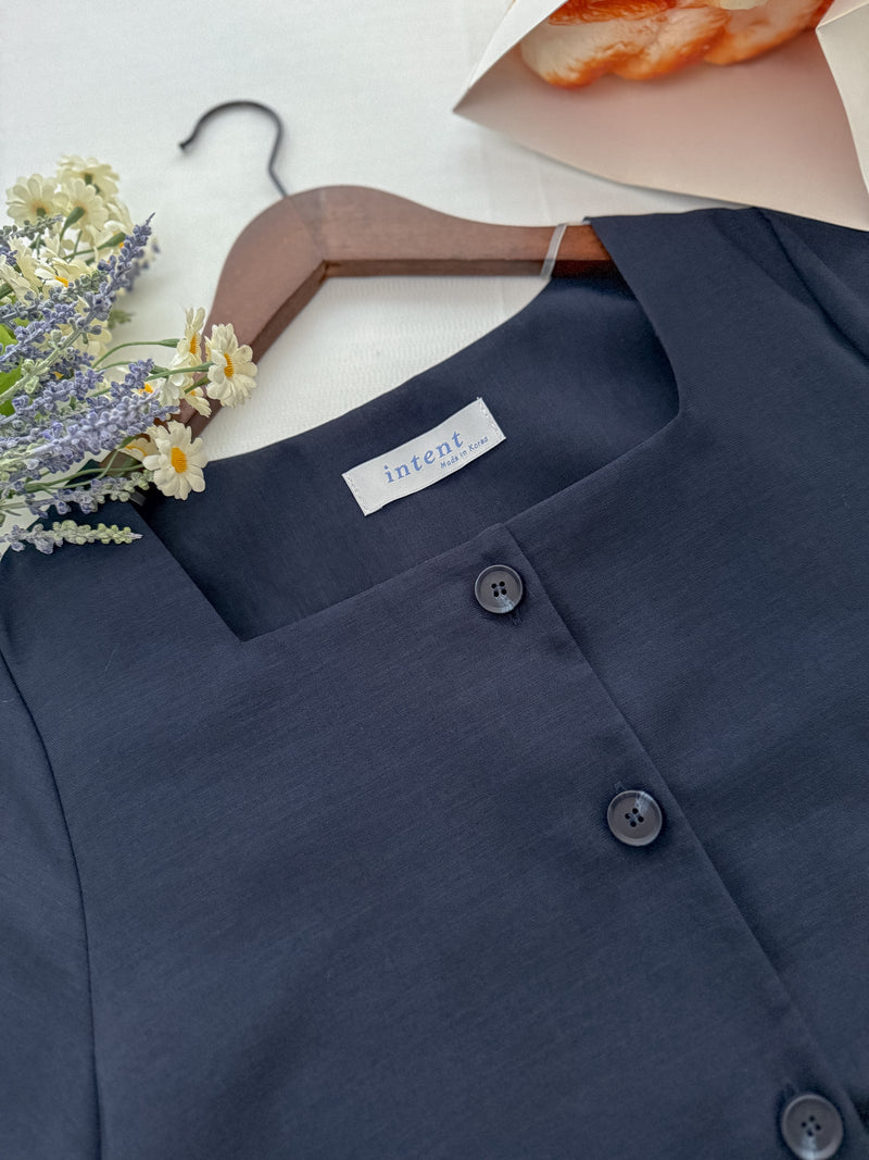 （BEST Intent made 獨家款）Navy Belt Dress 深藍方領口藍調雲石方釦腰帶連身裙/ DS3001
