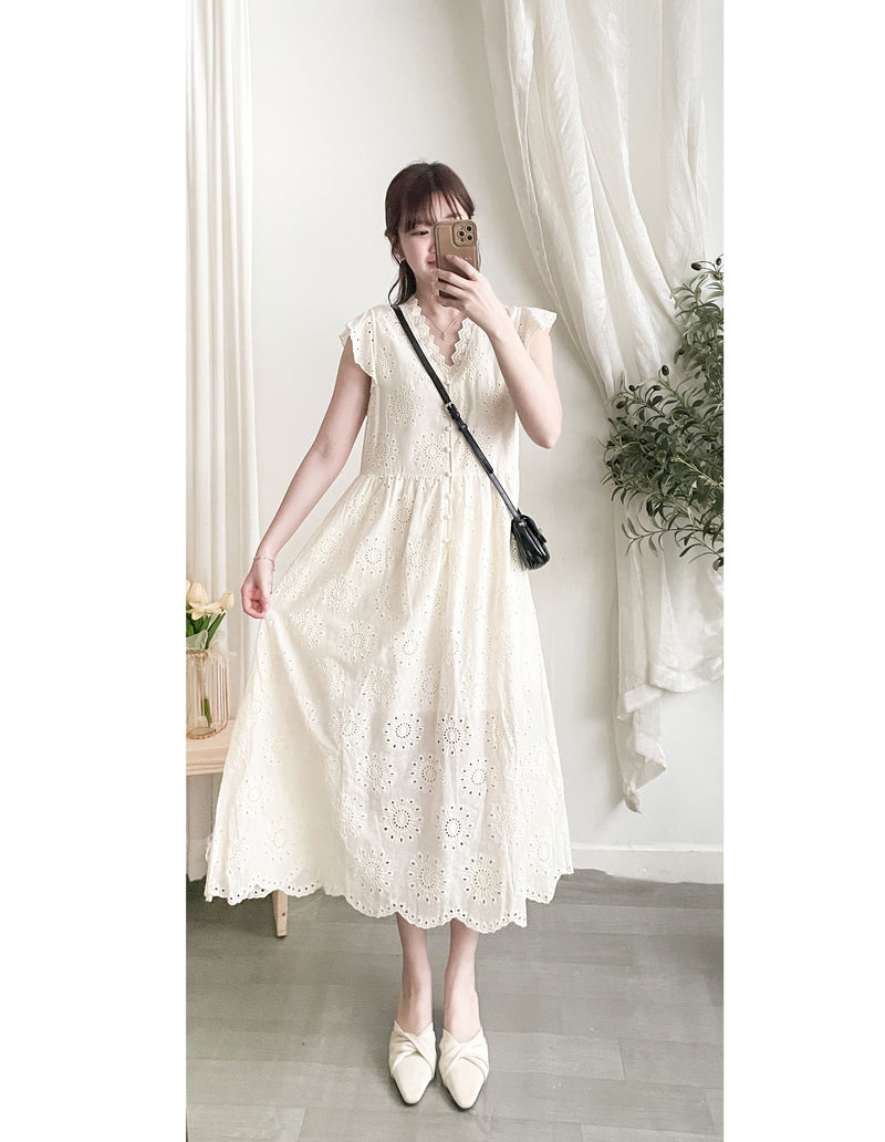 Ivory Sunflower Dress 通花荷葉手袖花邊連身裙/ DS9870
