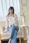 Blue Floral Blouse 藍色暈染彈性衣身上衣/ BU9100