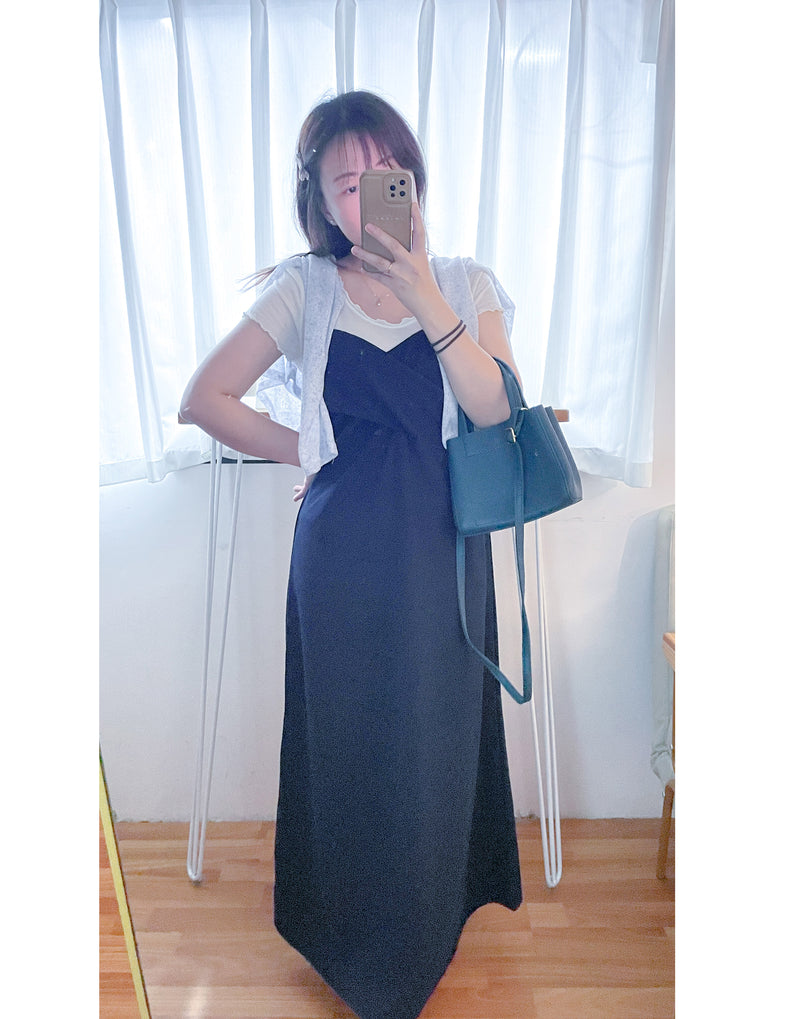Wrap Vest Dress 彈性交叉領口不貼微修腰吊帶連身裙/ DS9676