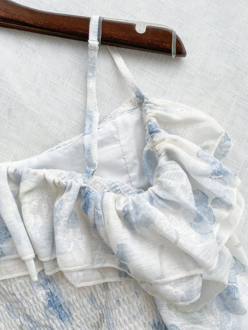 Blue Floral Blouse 藍色暈染彈性衣身上衣/ BU9100