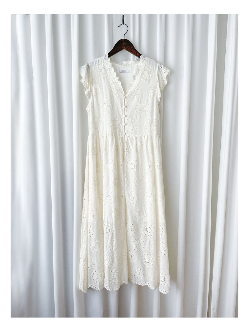 Ivory Sunflower Dress 通花荷葉手袖花邊連身裙/ DS9870