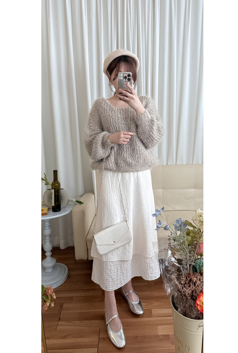 Layer Skirt 象牙白彈性層次簡約半裙/SK8863