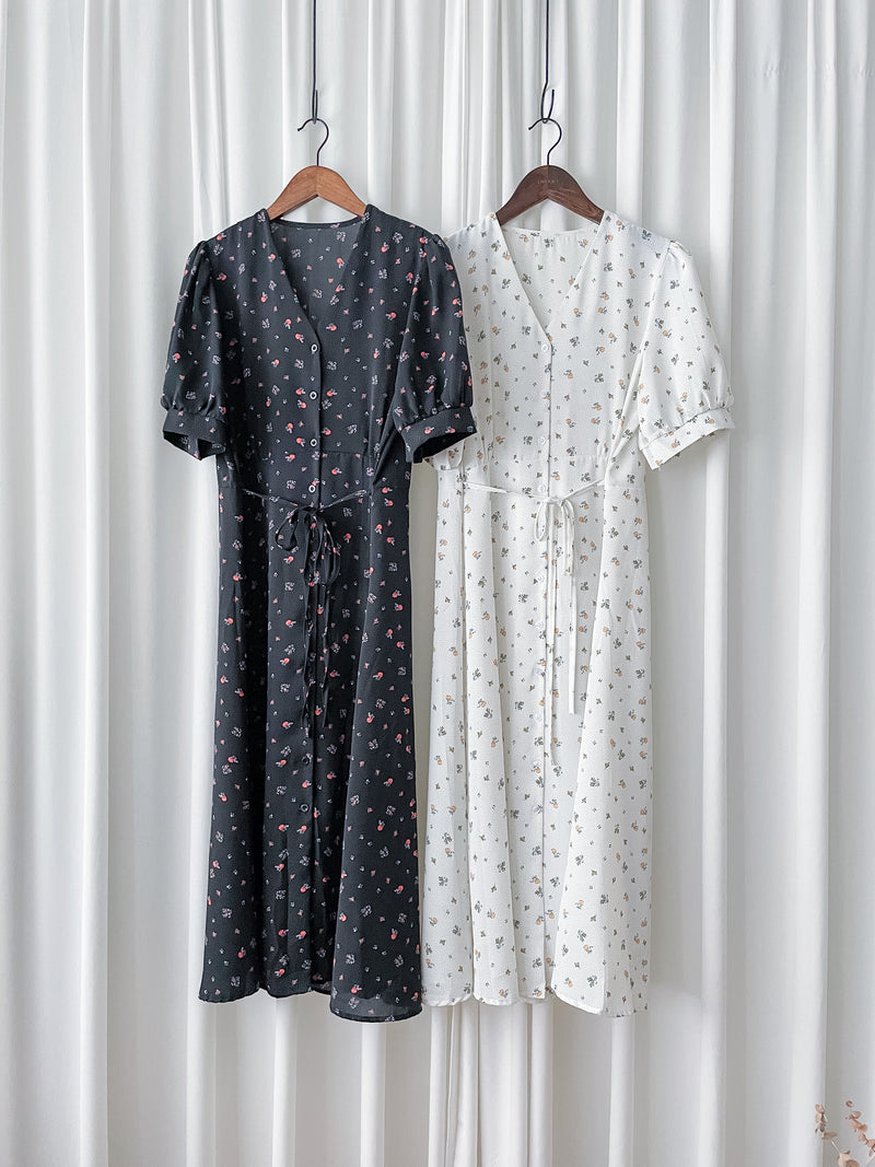 Snowdot Floral Dress V領口雪點印花修腰連身裙/ DS9872