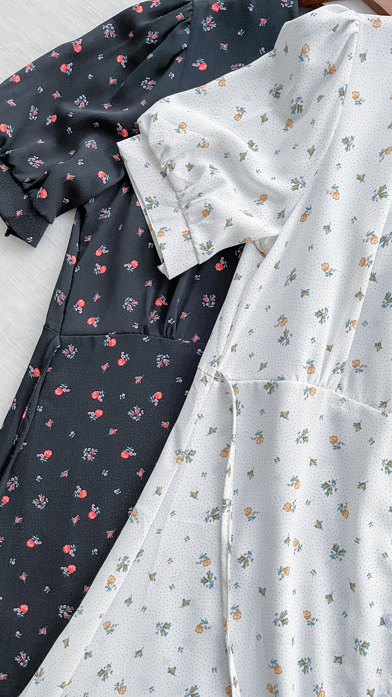 Snowdot Floral Dress V領口雪點印花修腰連身裙/ DS9872