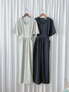 V Collar Jumpsuit V領簡約腰間車摺修腰連身褲/ DS9877