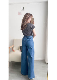 (超彈性!) 高腰闊腳全彈性中排鈕牛仔褲, Jeans/ PT8419