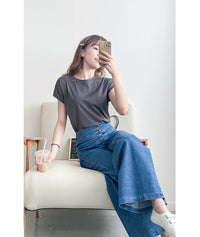 (超彈性!) 高腰闊腳全彈性中排鈕牛仔褲, Jeans/ PT8419