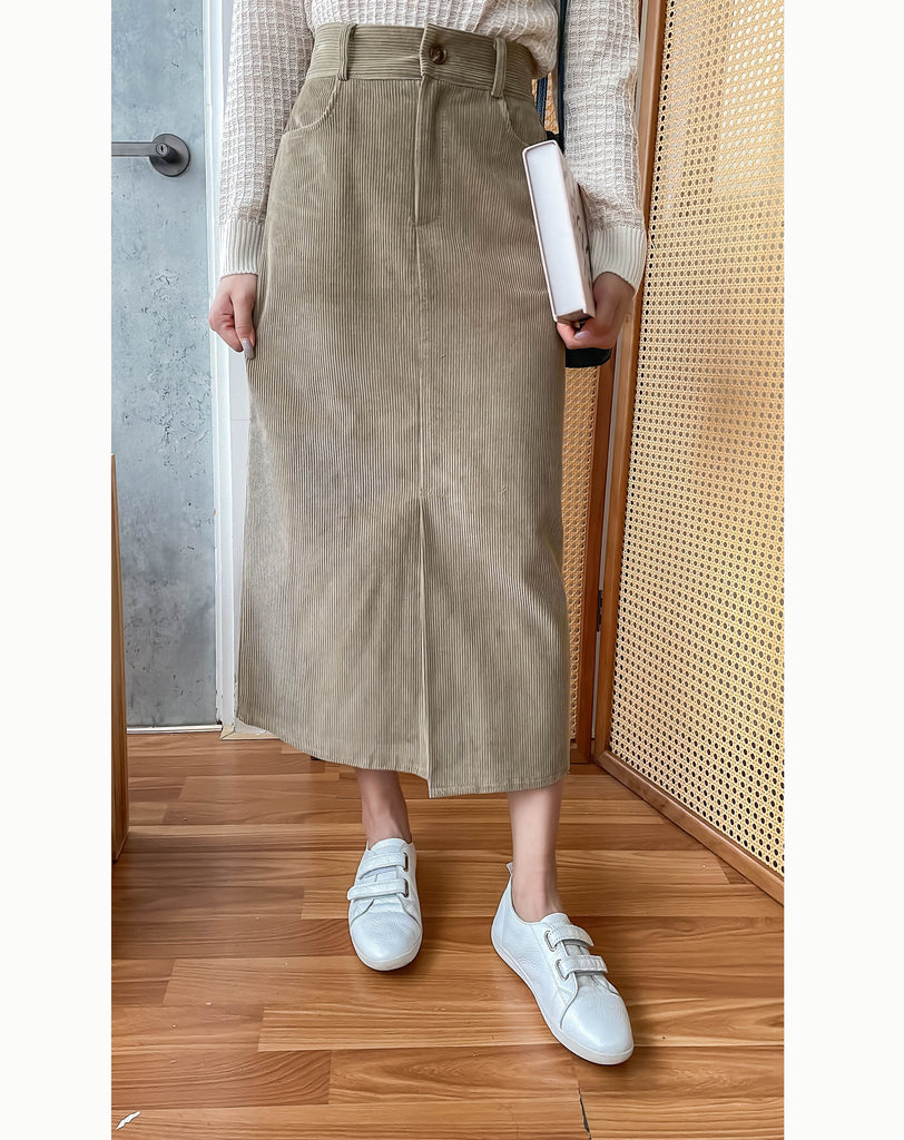 Suede 前開叉燈芯絨微寬鬆直身裙, Skirts/ SK8773 (olive sold out)