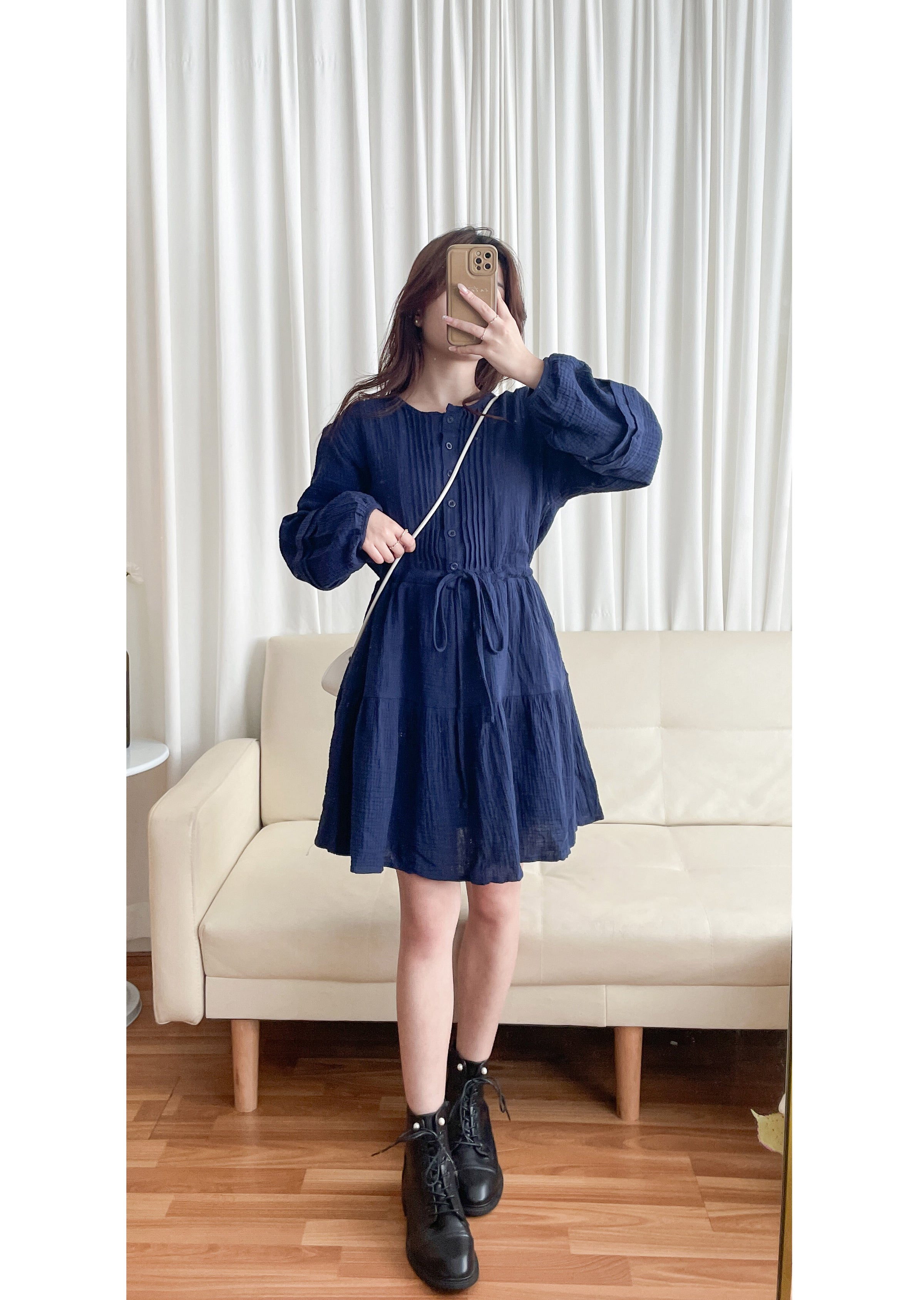 【現貨限量回歸】（不透視不易皺棉感）Cotton Elegant Dress 棉棉舒適立體直條傘形膝上裙/ DS9692