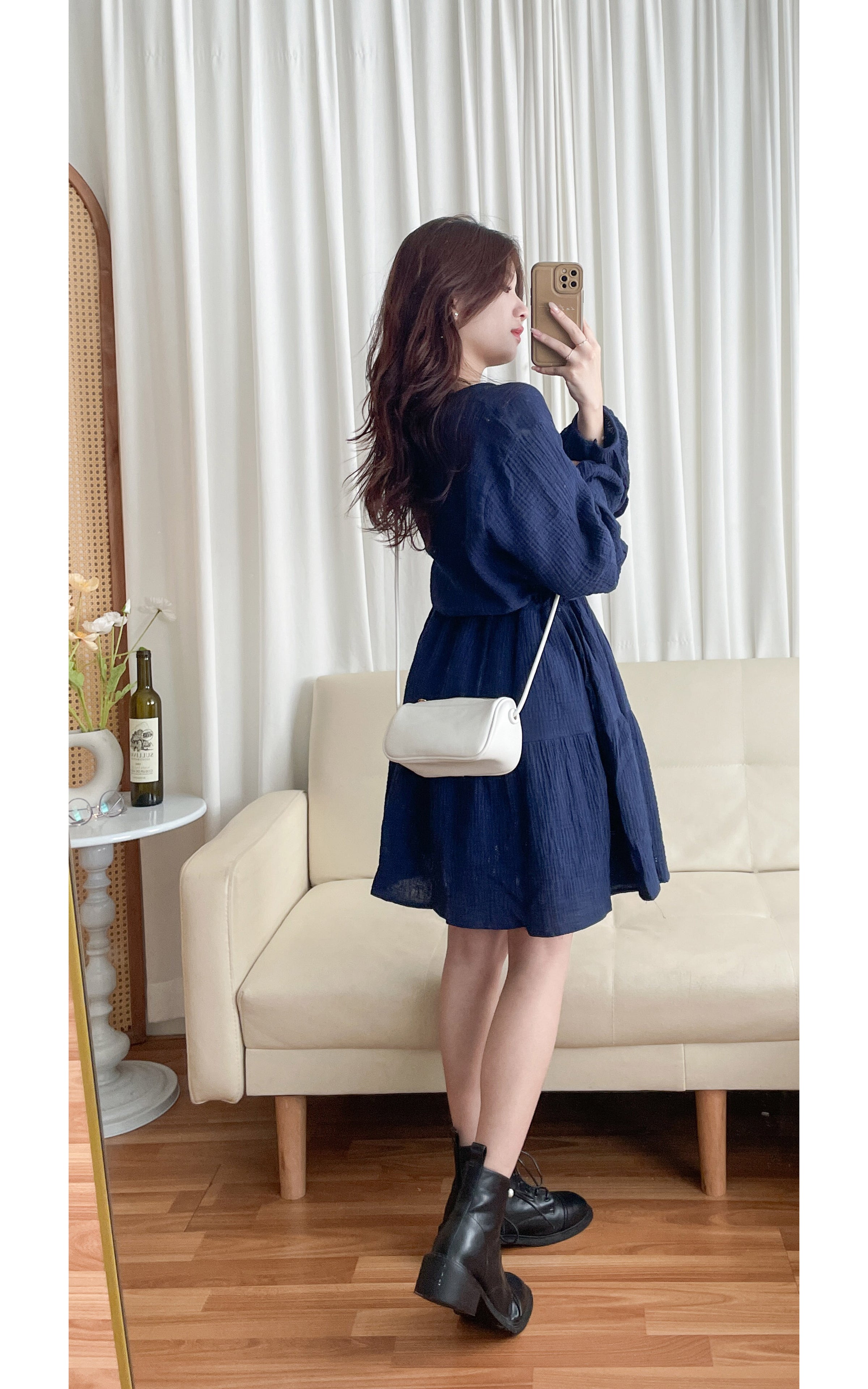 【現貨限量回歸】（不透視不易皺棉感）Cotton Elegant Dress 棉棉舒適立體直條傘形膝上裙/ DS9692