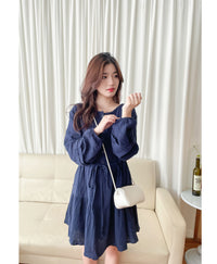 【現貨限量回歸】（不透視不易皺棉感）Cotton Elegant Dress 棉棉舒適立體直條傘形膝上裙/ DS9692