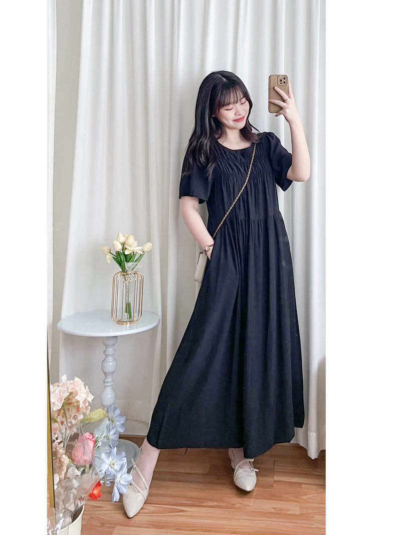 Bonnie Dress 黑色不貼橡筋衣身口袋連身裙/ DS9884
