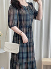 （短袖版) Check Dress 輕優雅雪紡格子傘裙擺連身裙/ DS9868