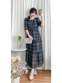 （短袖版) Check Dress 輕優雅雪紡格子傘裙擺連身裙/ DS9868