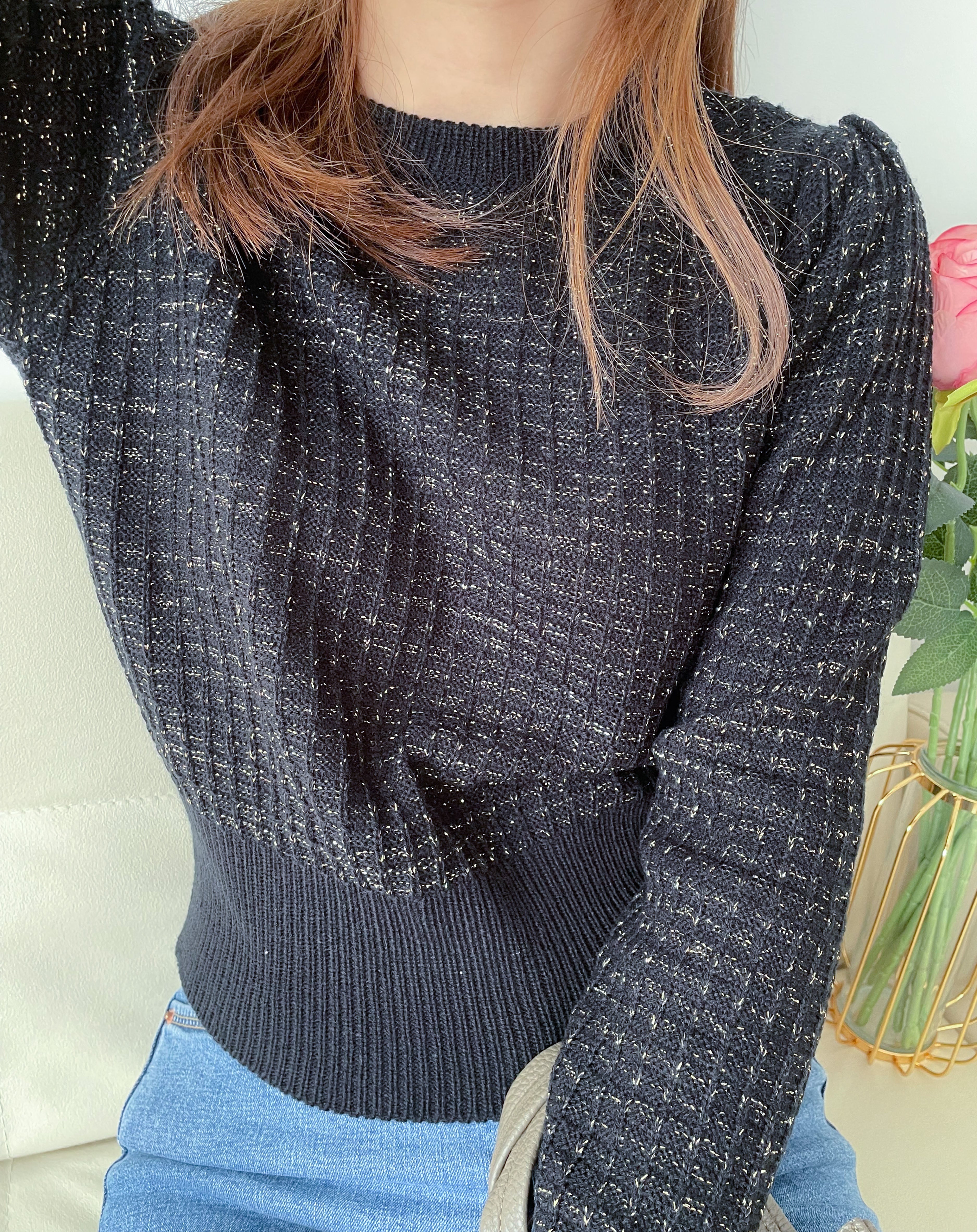 Tweed Knit 混針線十字紋彈性合身上衣, Top/ TP8938 （black sold out)