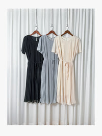 Pleated Dress 全裡布雪紡百褶修腰波浪裙擺連身裙/ DS9882