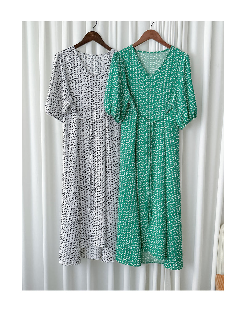 Shadow Floral V領單色簡約印花前修腰 Dress/ DS9903