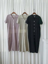 V Collar Knit 翻領V領裝飾鈕扣設計彈性線料 Dress/ DS9899 (pre-order)