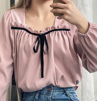 Wonderland 絨面皺褶方領輕優雅上衣, Blouse/ BU8987 (pink sold out)